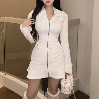 Mink Fur Trimmed Flare Pleated Dress Ribbed ChristmasEnd-of-Year