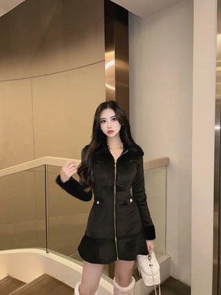 Mink Fur Trimmed Flare Pleated Dress Ribbed ChristmasEnd-of-Year