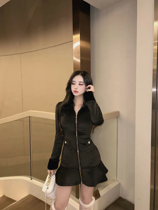 Mink Fur Trimmed Flare Pleated Dress Ribbed ChristmasEnd-of-Year