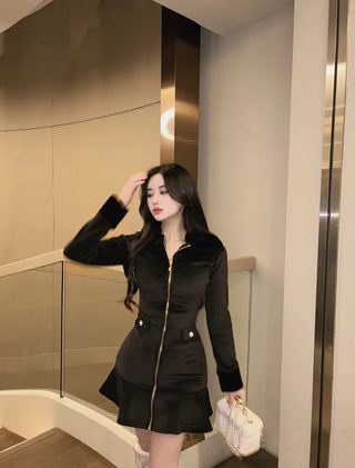 Mink Fur Trimmed Flare Pleated Dress Ribbed ChristmasEnd-of-Year