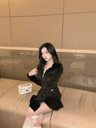 Mink Fur Trimmed Flare Pleated Dress Ribbed ChristmasEnd-of-Year