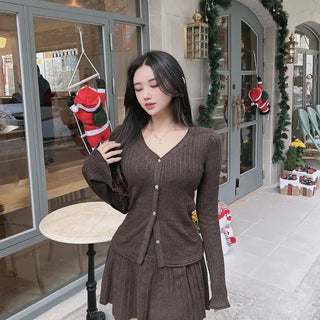 Delicate Flare-Sleeve Cardigan and Pleated Skirt Two-Piece Set