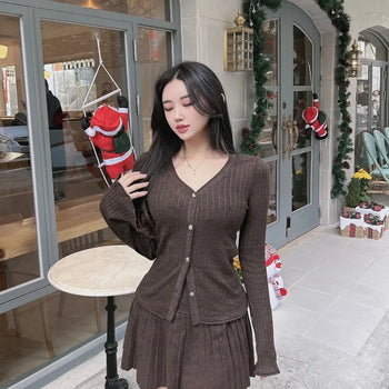 Delicate Flare-Sleeve Cardigan and Pleated Skirt Two-Piece Set