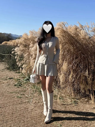 Delicate Flare-Sleeve Cardigan and Pleated Skirt Two-Piece Set