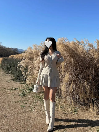 Delicate Flare-Sleeve Cardigan and Pleated Skirt Two-Piece Set