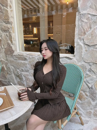 Delicate Flare-Sleeve Cardigan and Pleated Skirt Two-Piece Set