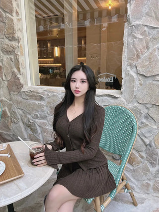 Delicate Flare-Sleeve Cardigan and Pleated Skirt Two-Piece Set