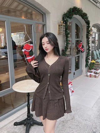 Delicate Flare-Sleeve Cardigan and Pleated Skirt Two-Piece Set