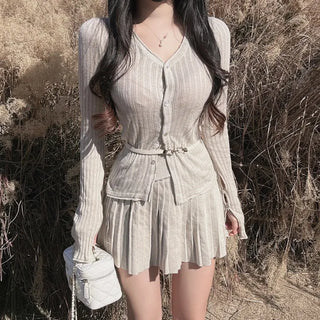 Delicate Flare-Sleeve Cardigan and Pleated Skirt Two-Piece Set