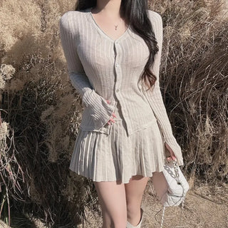 Delicate Flare-Sleeve Cardigan and Pleated Skirt Two-Piece Set