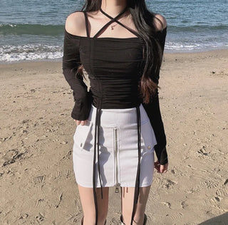 Mochi Stretchy String Shirred Crop Long Sleeve Off-shoulder