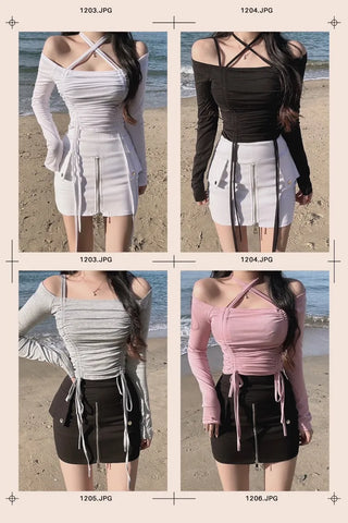 Mochi Stretchy String Shirred Crop Long Sleeve Off-shoulder