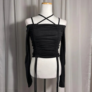Mochi Stretchy String Shirred Crop Long Sleeve Off-shoulder