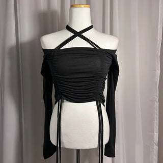 Mochi Stretchy String Shirred Crop Long Sleeve Off-shoulder