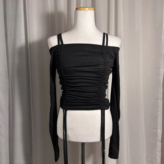 Mochi Stretchy String Shirred Crop Long Sleeve Off-shoulder