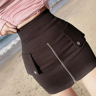 Stretchy Zipper Snap Button Mini Skirt H-Line H-Skirt