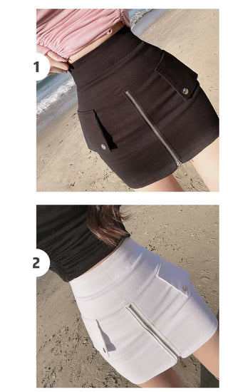 Stretchy Zipper Snap Button Mini Skirt H-Line H-Skirt