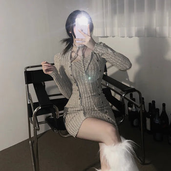 Strap Button Ribbed Mini Dress Sexy Glam Party