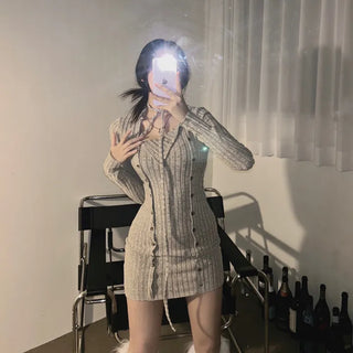 Strap Button Ribbed Mini Dress Sexy Glam Party