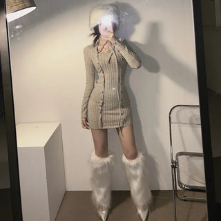 Strap Button Ribbed Mini Dress Sexy Glam Party