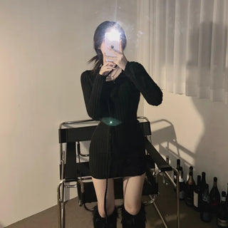 Strap Button Ribbed Mini Dress Sexy Glam Party