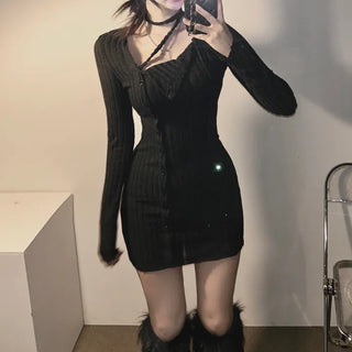 Strap Button Ribbed Mini Dress Sexy Glam Party