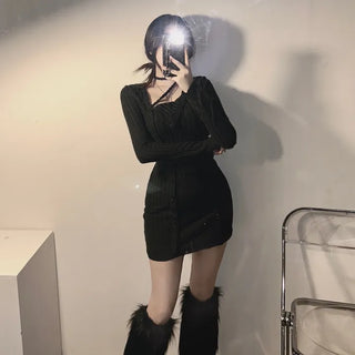 Strap Button Ribbed Mini Dress Sexy Glam Party