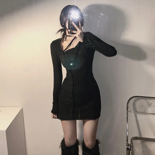 Strap Button Ribbed Mini Dress Sexy Glam Party