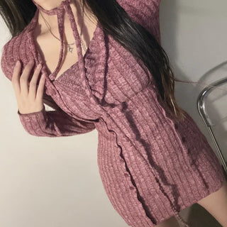 Strap Button Ribbed Mini Dress Sexy Glam Party