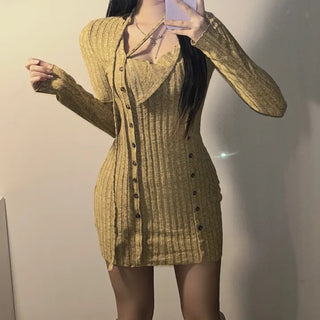 Strap Button Ribbed Mini Dress Sexy Glam Party