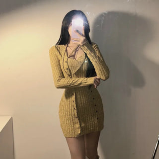 Strap Button Ribbed Mini Dress Sexy Glam Party