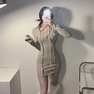 Strap Button Ribbed Mini Dress Sexy Glam Party