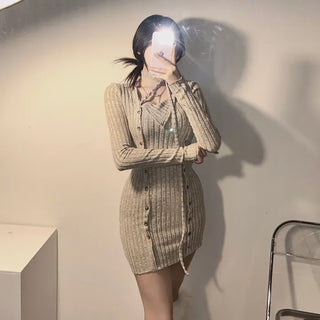 Strap Button Ribbed Mini Dress Sexy Glam Party