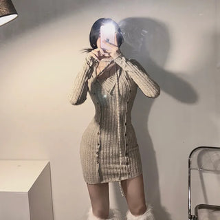 Strap Button Ribbed Mini Dress Sexy Glam Party