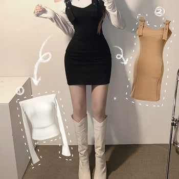 Off-shoulder T-shirt Suspenders Stretchy Dress