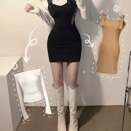 Off-shoulder T-shirt Suspenders Stretchy Dress