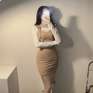 Off-shoulder T-shirt Suspenders Stretchy Dress