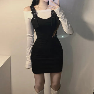 Off-shoulder T-shirt Suspenders Stretchy Dress