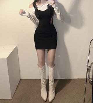 Off-shoulder T-shirt Suspenders Stretchy Dress