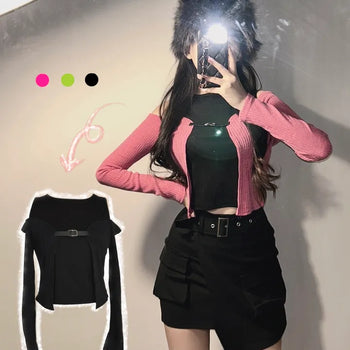 Buckle Cardigan Sleeveless Tee Color Block