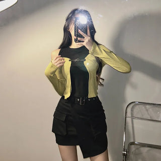 Buckle Cardigan Sleeveless Tee Color Block