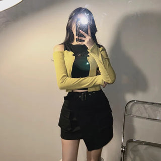 Buckle Cardigan Sleeveless Tee Color Block