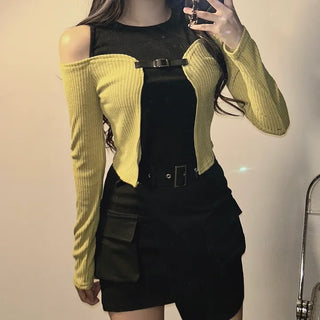 Buckle Cardigan Sleeveless Tee Color Block