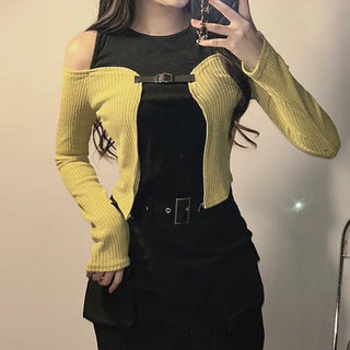 Buckle Cardigan Sleeveless Tee Color Block