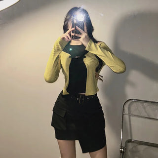 Buckle Cardigan Sleeveless Tee Color Block