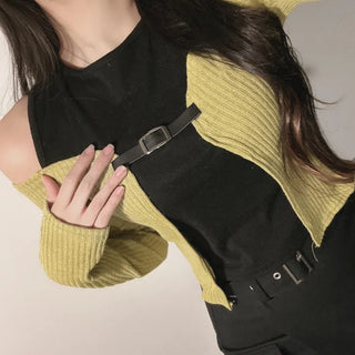 Buckle Cardigan Sleeveless Tee Color Block