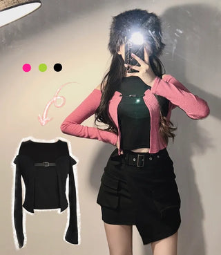 Buckle Cardigan Sleeveless Tee Color Block