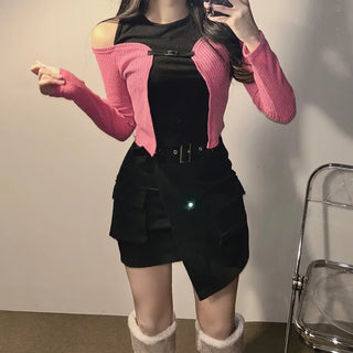 Buckle Cardigan Sleeveless Tee Color Block