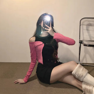 Buckle Cardigan Sleeveless Tee Color Block
