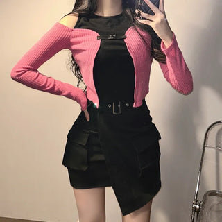 Buckle Cardigan Sleeveless Tee Color Block